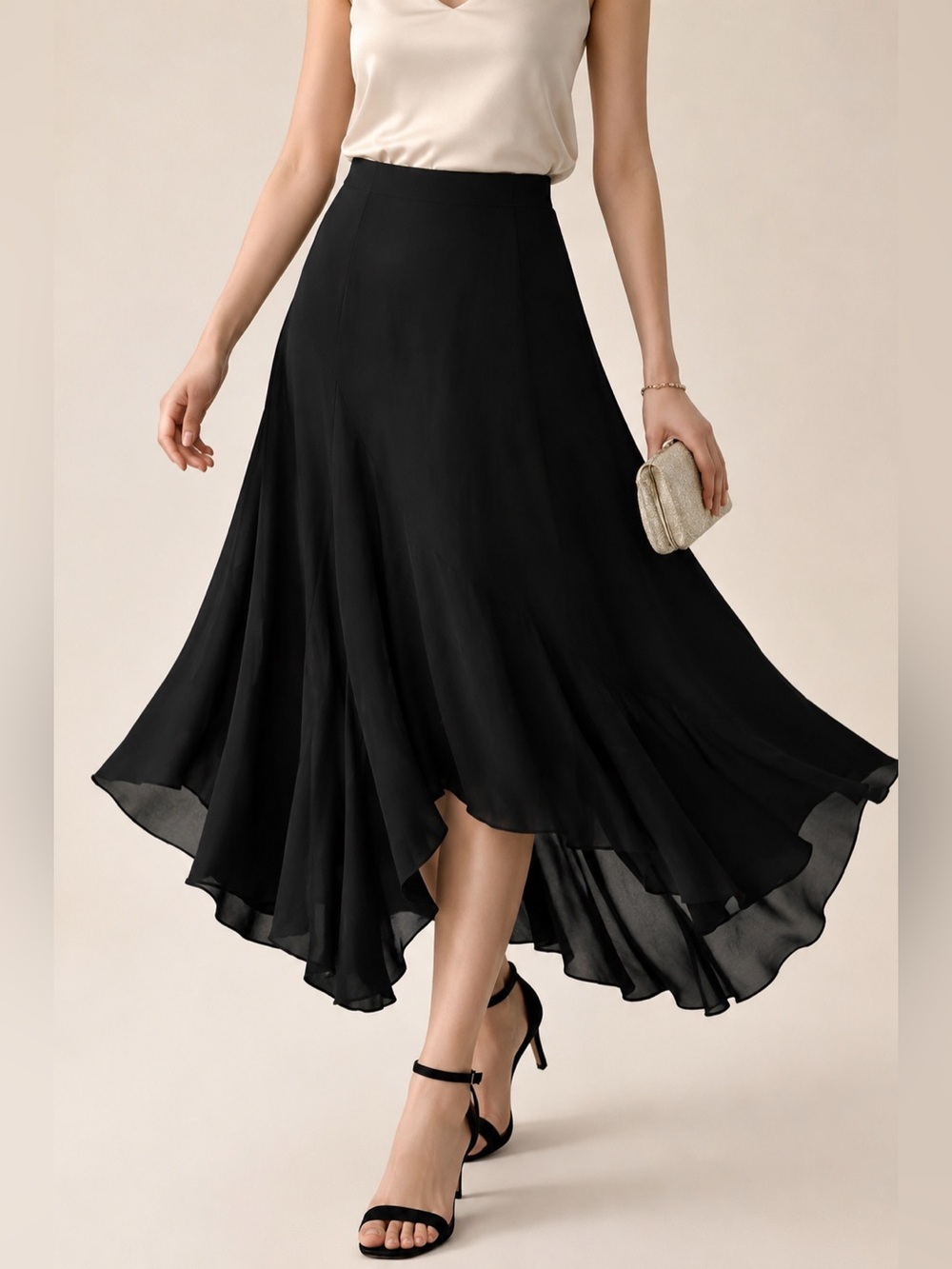 Black Handkerchief Hem Midi Skirt Romantic Balletcore Wedding Guest L